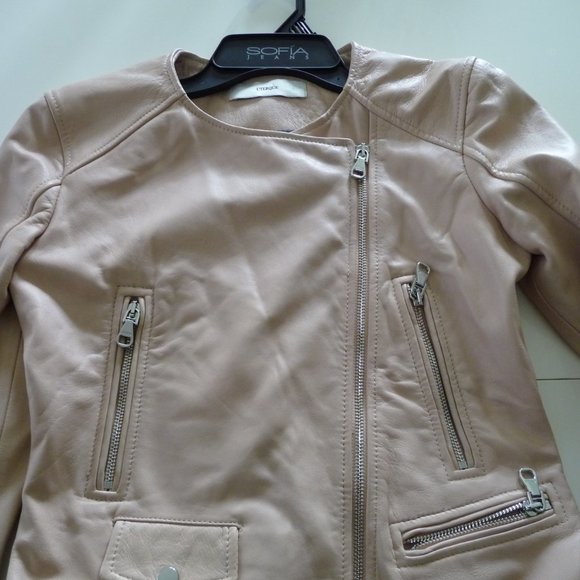 UTERQUE LAMBSKIN ROSEPETALS/BEIGE LEATHER BIKER JACKET SIZE SMALL NEW NO TAGS - Picture 4 of 15